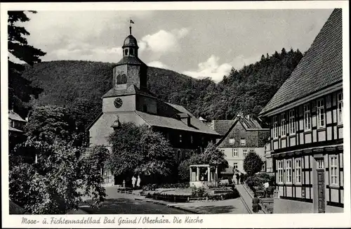 Ak Bad Grund im Harz, Straßenpartie mit Blick auf die Kirche, Fachwerkhaus