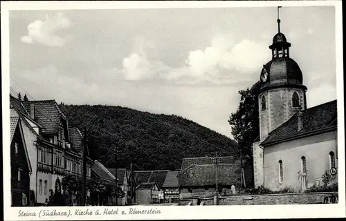 Ak Steina Bad Sachsa in Niedersachsen, Teilansicht, Kirche und Hotel zum Römerstein