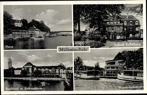 Ak Mülheim an der Ruhr, Wasserbahnhof, Flora, Solbad Raffelberg, Stadtbad mit Rathausturm