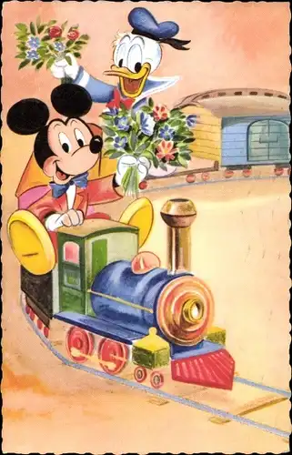 Künstler Ak Walt Disney, Mickey Maus und Donald Duck, Spielzeugzug