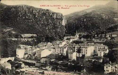 Ak Amelie les Bains Pyrénées Orientales, Vue Générales et les Gorges du Mondoni
