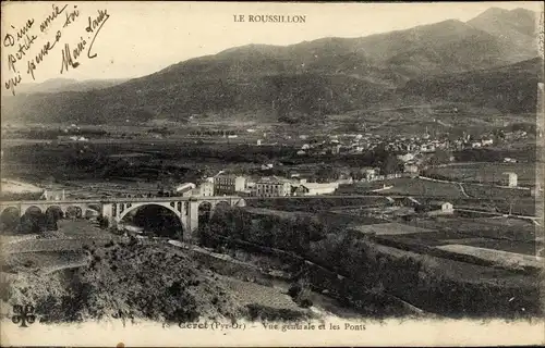 Ak Céret Pyrénées Orientales, Vue générale et les Ponts