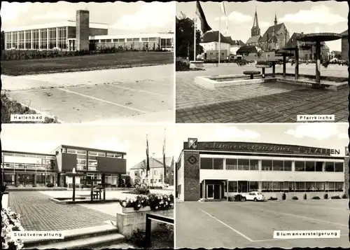 Ak Straelen am Niederrhein, Hallenbad, Pfarrkirche, Blumenversteigerung, Stadtverwaltung