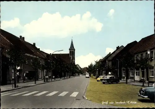 Ak Sonsbeck am Niederrhein, Straßenpartie, Kirche, Zebrastreifen, PKWs