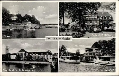 Ak Mülheim an der Ruhr, Wasserbahnhof, Flora, Solbad Raffelberg, Stadtbad m. Rathausturm