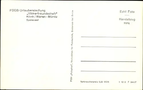 Ak Klink an der Müritz, FDGB Urlaubersiedlung, Völkerfreundschaft, Speisesaal