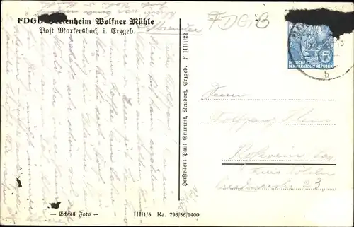 Ak Crottendorf im Erzgebirge, FDGB Erholungsheim Wolfner Mühle