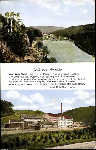 Gedicht Ak Amerika Penig in Sachsen, Fluss, Berge, Fabrik