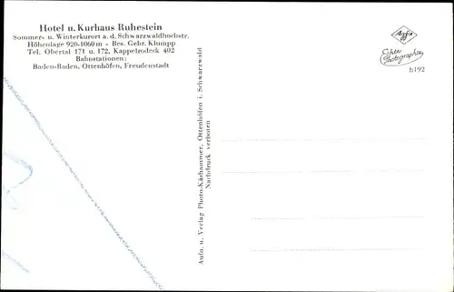 Ak Kappelrodeck im Schwarzwald, Hotel und Kurhaus Ruhestein, Bes. Gebr. Klumpp