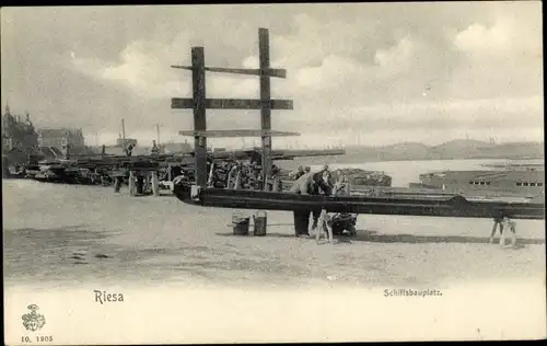 Ak Riesa an der Elbe, Schiffsbauplatz am Hafen, 1912