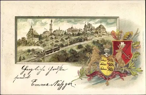 Präge Wappen Litho Degerloch Stuttgart in Baden Württemberg, Gesamtansicht, Eisenbahn