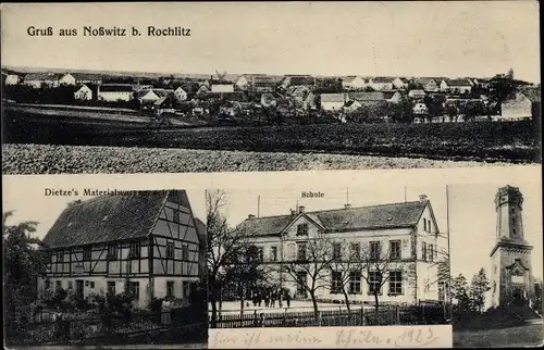 Ak Noßwitz Rochlitz an der Mulde, Schule, Materialwarenhandlung, Blick auf den Ort