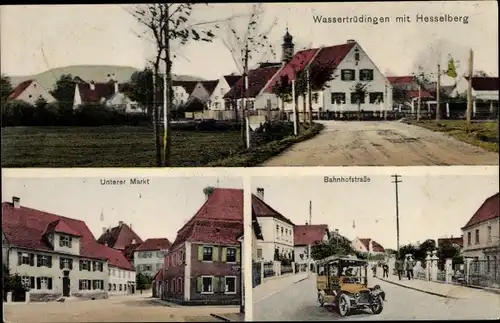 Ak Wassertrüdingen in Mittelfranken, Hesselberg, Unterer Markt, Bahnhofstraße, Auto