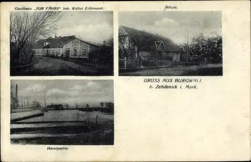 Ak Burgwall Zehdenick Oberhavel, Schule, Havelpartie, Gasthaus Zur Fähre
