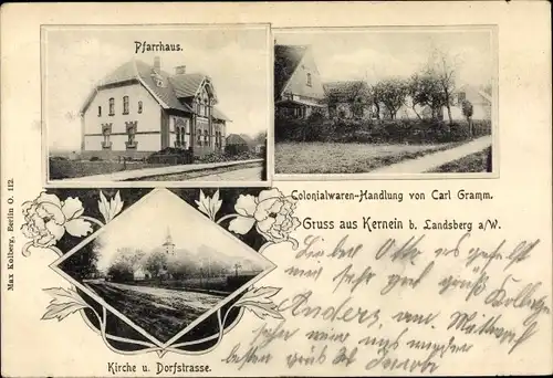 Ak Karnin Kernein Kreis Landsberg Ostbrandenburg, Pfarrhaus, Kolonialwarenhandlung, Kirche
