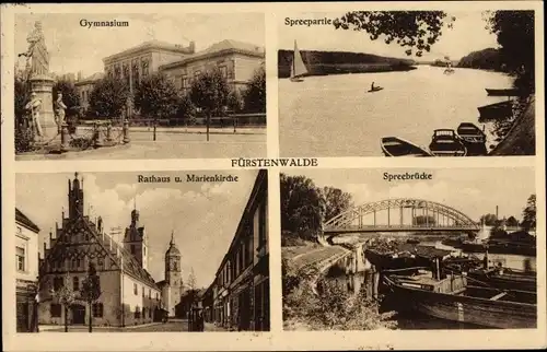 Ak Fürstenwalde an der Spree, Gymnasium, Spreepartie, Rathaus, Marienkirche, Spreebrücke