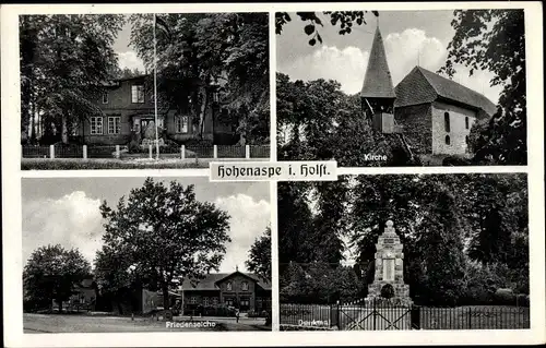 Ak Hohenaspe in Holstein, Kirche, Friedenseiche, Denkmal