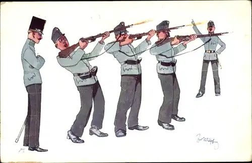 Künstler Ak Schönpflug, Fritz, Soldatenhumor, Tollpatschige Soldaten
