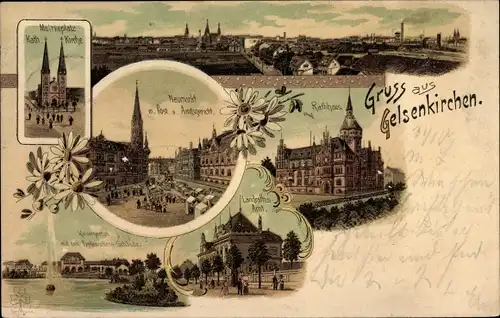 Litho Gelsenkirchen im Ruhrgebiet, Marktplatz, Neumarkt, Rathaus, Landratsamt