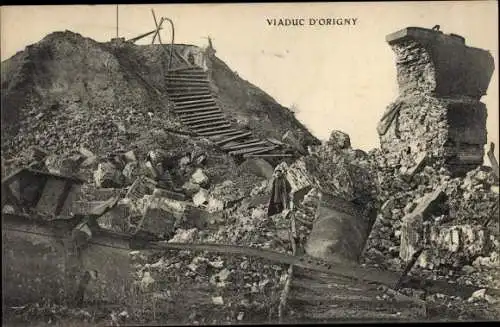 Ak Origny en Thiérache Aisne, Viaduc, ruines, Kriegszerstörung I. WK