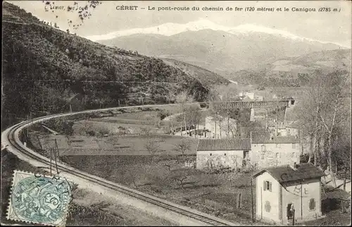 Ak Ceret Pyrénées Orientales, Le pont route du chemin de fer et le Canigou