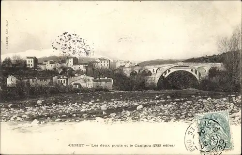 Ak Ceret Pyrénées Orientales, Les deux ponts et le Canigou