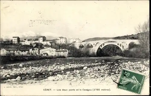 Ak Céret Pyrénées Orientales, Les deux ponts et le Canigou