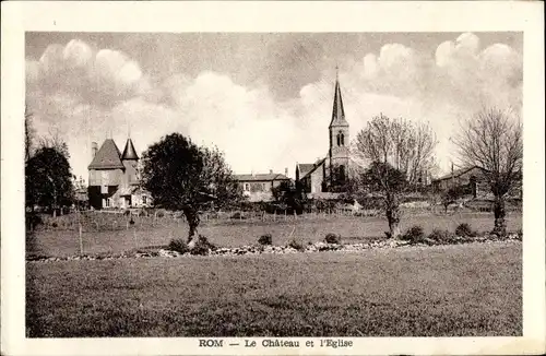 Ak Rom Deux Sèvres, Le Chateau et l'Eglise