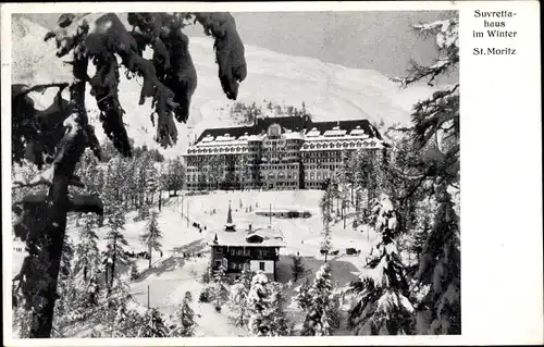 Ak Sankt Moritz Kanton Graubünden, Suvrettahaus im Winter