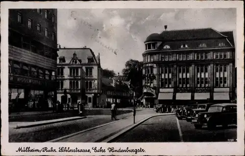 Ak Mülheim an der Ruhr, Schlossstraße Ecke Hindenburgstraße, Fahrradfahrer, Bushaltestelle