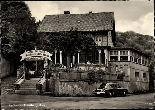 Ak Treseburg Thale im Harz, Hotel Burgstieg, Konditorei Kaffee Werner, Eingang, Terrasse