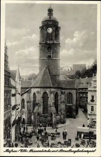 Ak Meißen an der Elbe, Frauenkirche, Porzellanglockenspiel, Markt