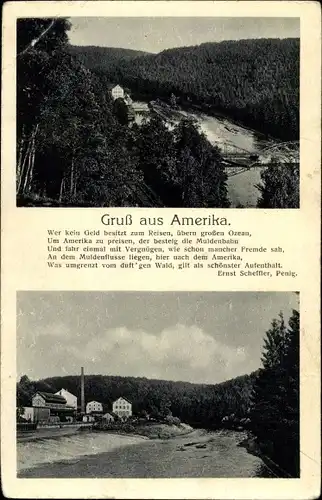 Ak Amerika Penig Sachsen, Teilansicht, Ernst Scheffler Gedicht