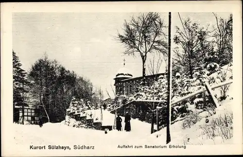 Ak Sülzhayn Ellrich Thüringen, Sanatorium Erholung, Auffahrt, Winteransicht