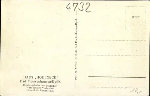 Ak Bad Frankenhausen am Kyffhäuser Thüringen, Haus Hoheneck, Erholungsheim Dt. Werkmeister Verband