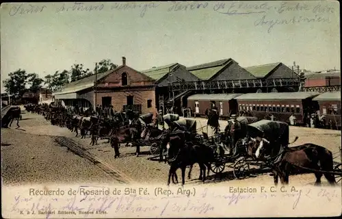 Ak Rosario de Santa Fé Argentinien, Estación F. C. C. A., Bahnhof, Kutschen