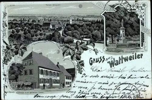 Mondschein Litho Wattwiller Wattweiler Elsass Haut Rhin, Gasthaus zum goldenen Lamm