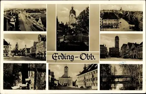 Ak Erding in Oberbayern, Straßenpartie, Brücke, Kirche, Rathaus