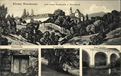 Künstler Ak Meisenbach, Wessobrunn Oberbayern, Kloster, Hunnenstein, Tassilolinde, Drei Quellen