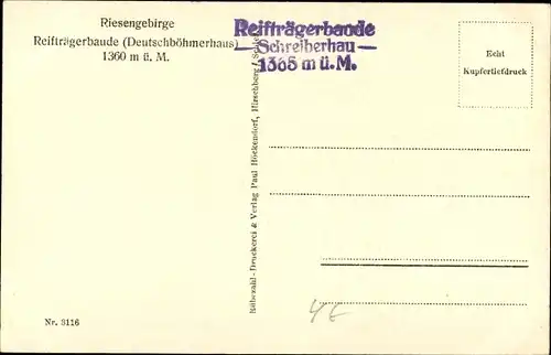 Ak Szklarska Poręba Schreiberhau Riesengebirge Schlesien, Reifträgerbaude, Schronisko Na Szrenicy