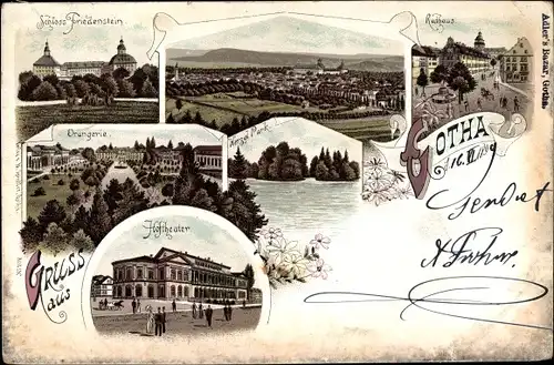 Litho Gotha in Thüringen, Schloss Friedenstein, Orangerie, Hoftheater, Rathaus, Herzogl. Park