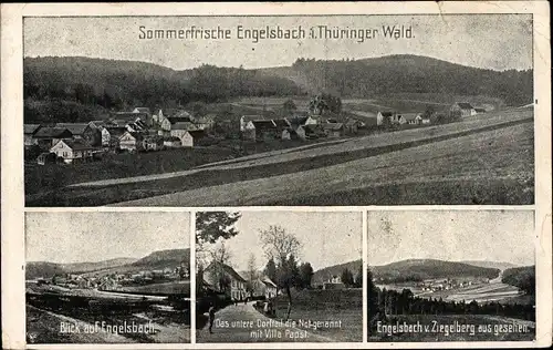 Ak Engelsbach Leinatal in Thüringen, Das untere Dorfteil mit Villa Papst, Blick vom Ziegelberg