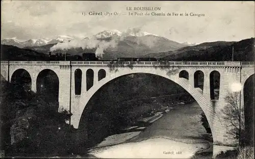 Ak Céret Pyrénées Orientales, Le Pont du Chemin de Fer et le Canigou