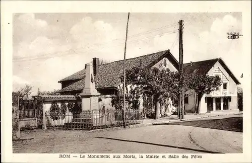 Ak Rom Deux Sèvres, Le Monument aux Morts, la Mairie et Salle des Fetes