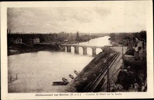 Ak Chateauneuf sur Sarthe Maine-et-Loire, Coucher de Soleil sur la Sarthe