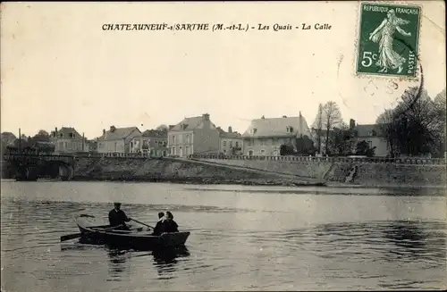 Ak Chateauneuf sur Sarthe Maine-et-Loire, Les Quais, La Calle, Ruderboot