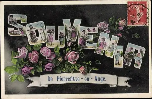 Buchstaben Ak Pierrefitte en Auge Calvados, Kinder mit Blumen, Souvenir, Rosen