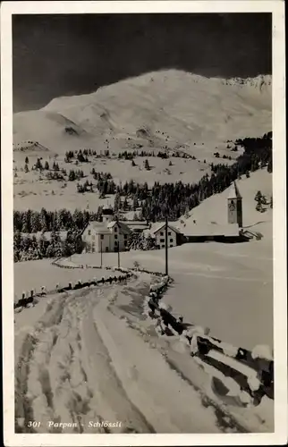 Ak Parpan Kanton Graubünden, Schlössli, Kirche, Winteransicht