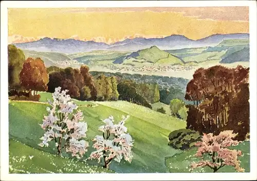 Künstler Ak Bettingen Kanton Basel Stadt, Aussicht vom Berg Sankt Chrischona