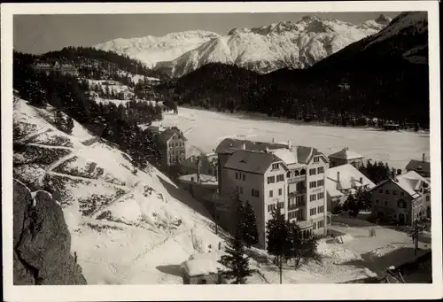 Ak Campfer Champfèr Kanton Graubünden, Blick auf Savretta House und Piz Languard